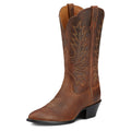 Brown cowboy boot with intricate stitching on a white background