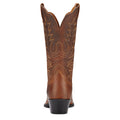Brown cowboy boot with intricate stitching on a white background