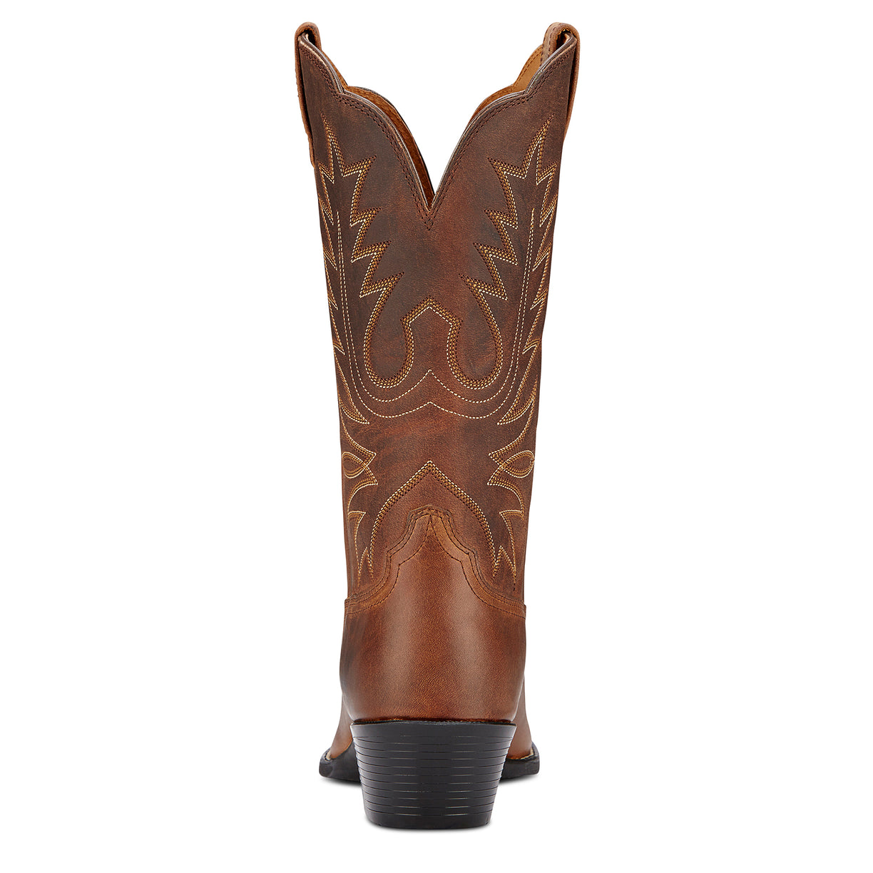 Brown cowboy boot with intricate stitching on a white background