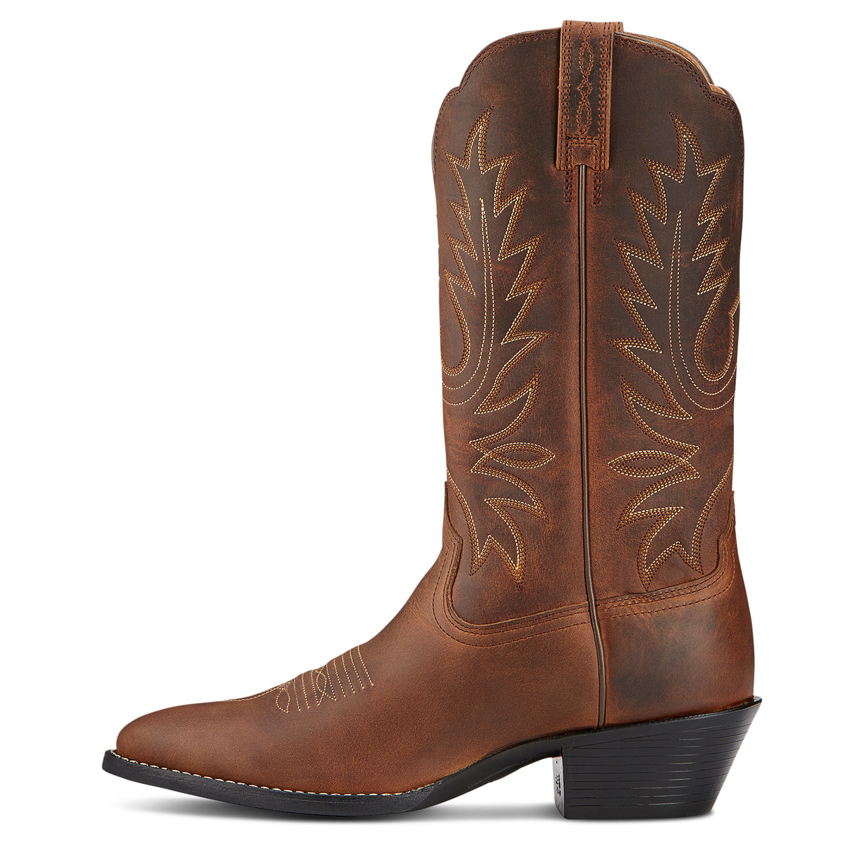 Brown cowboy boot with intricate stitching on a white background