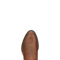 Brown cowboy boot with intricate stitching on a white background