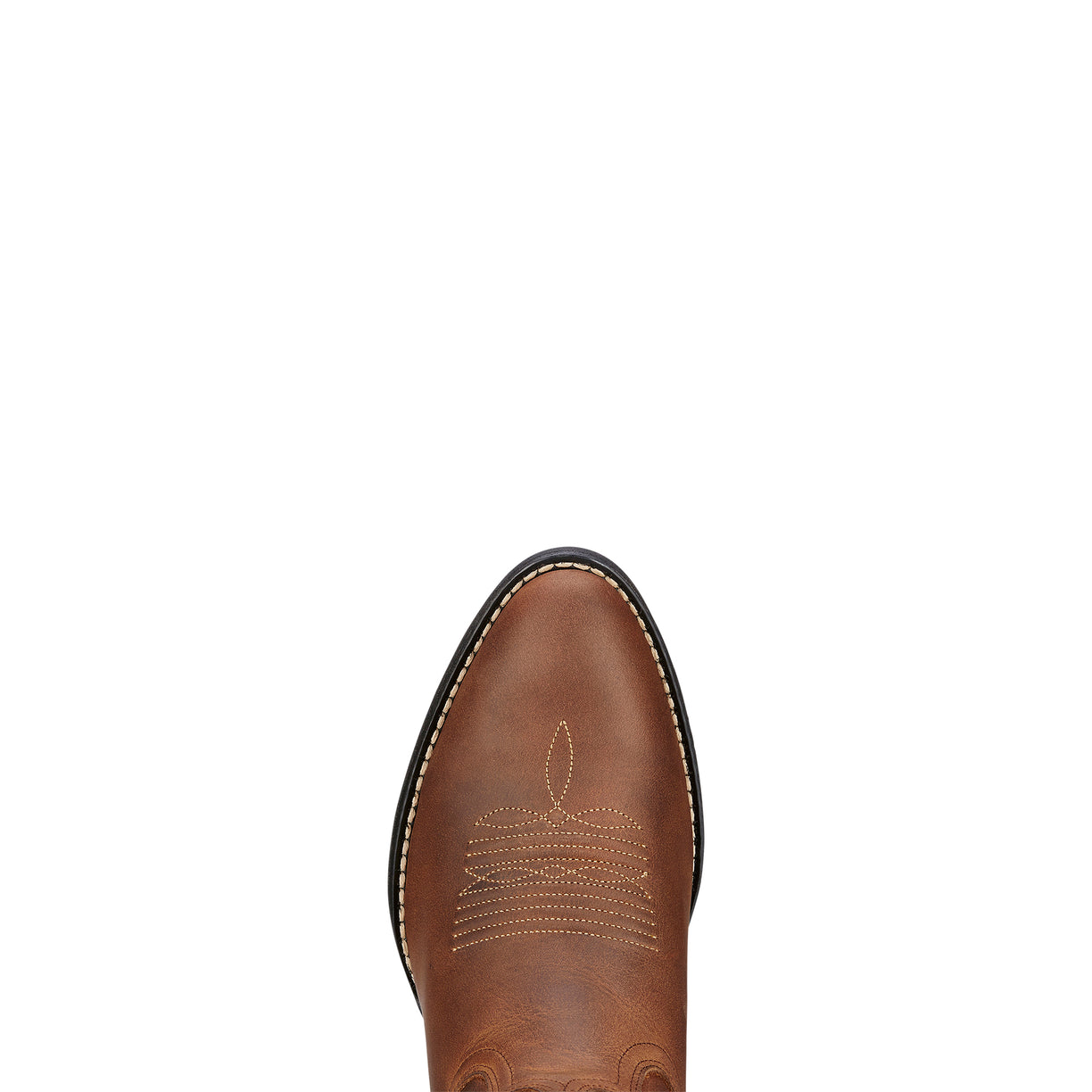 Brown cowboy boot with intricate stitching on a white background