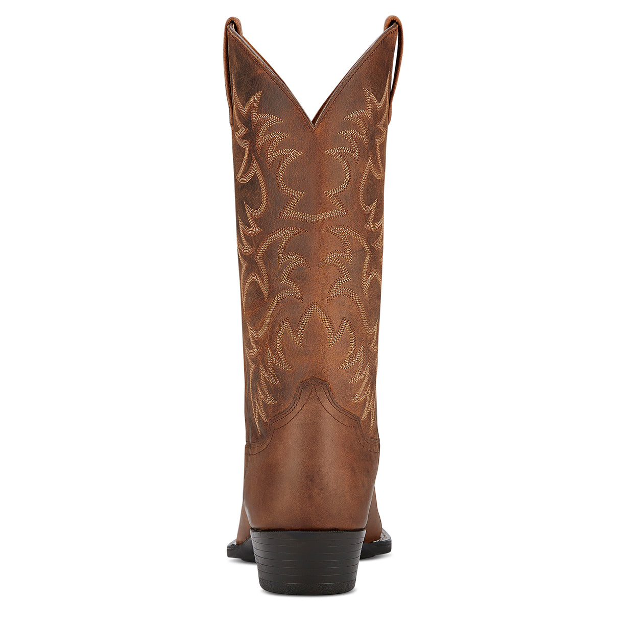 Brown cowboy boot with intricate embossing on a white background