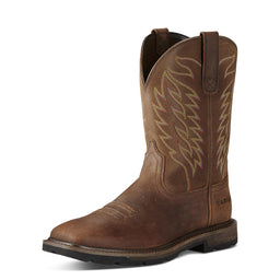 Brown cowboy boot with intricate stitching on a white background