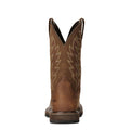 Brown cowboy boot with intricate stitching on a white background