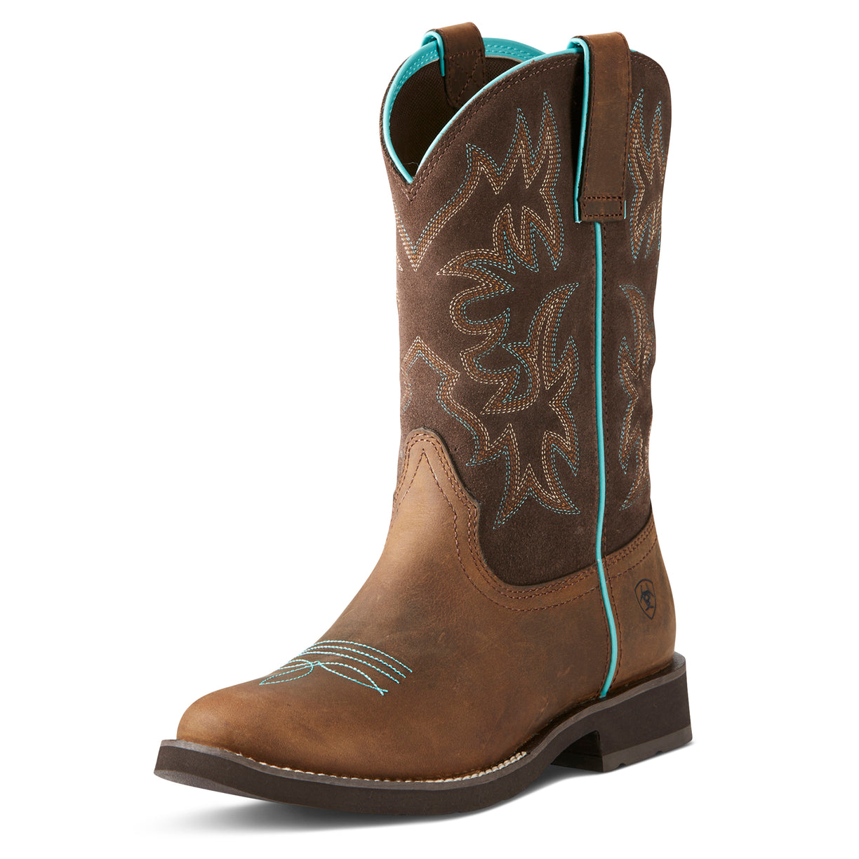 Brown cowboy boot with turquoise stitching on a white background