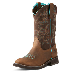 Brown cowboy boot with turquoise stitching on a white background
