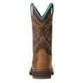 Brown cowboy boot with turquoise stitching on a white background