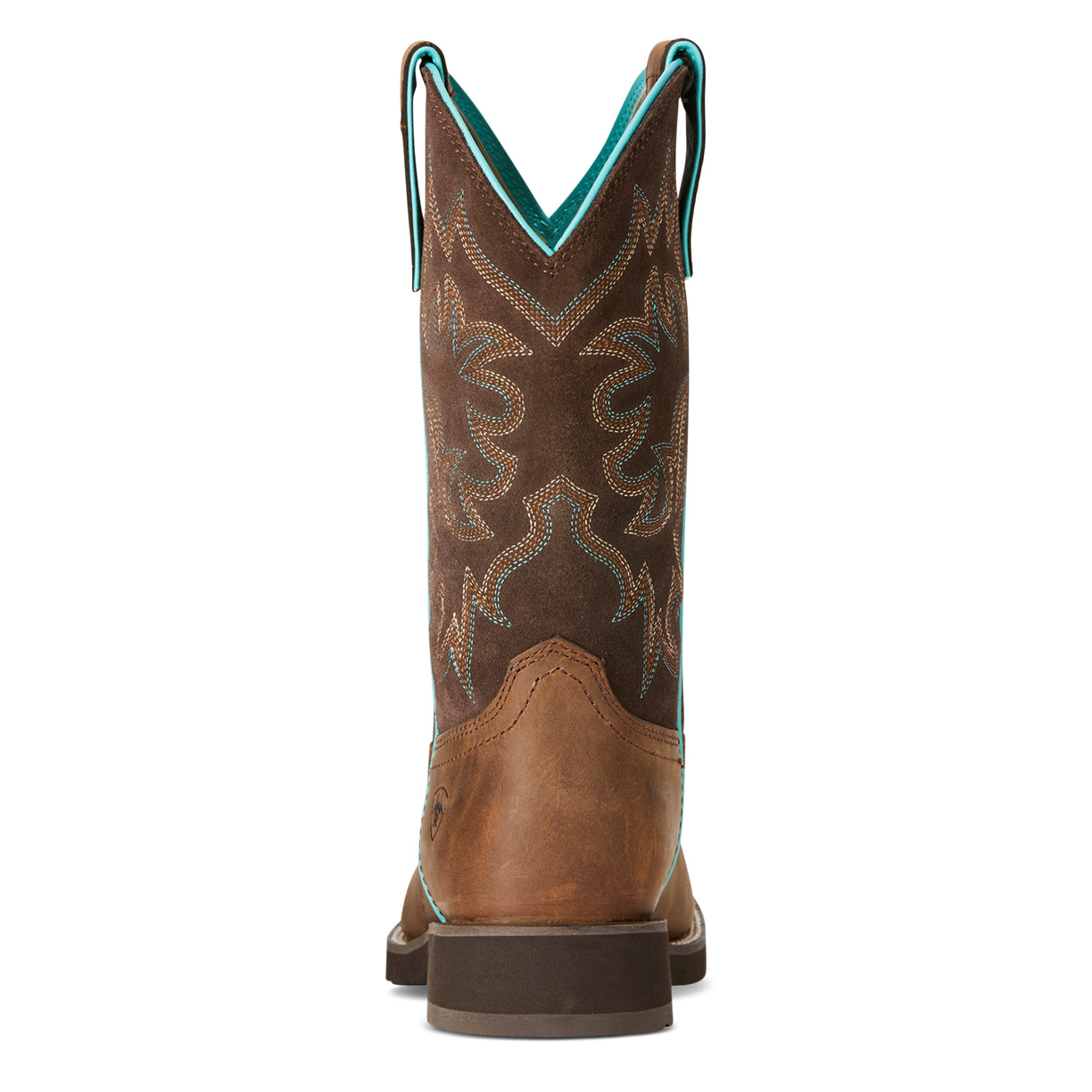 Brown cowboy boot with turquoise stitching on a white background