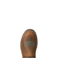 Brown boot with turquoise stitching on a white background