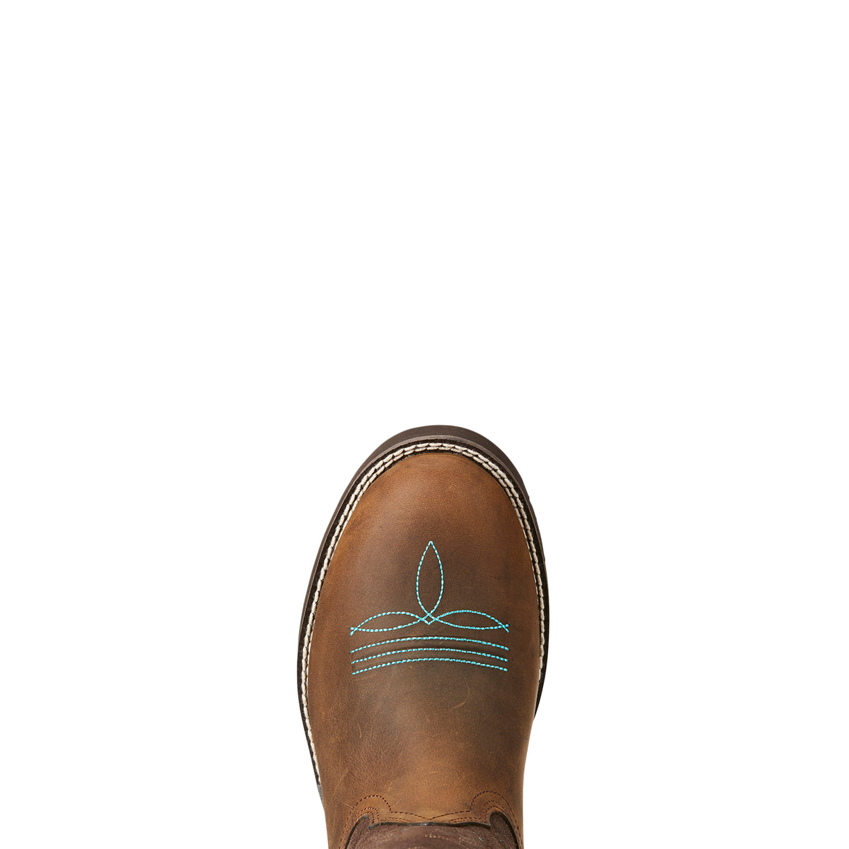 Brown boot with turquoise stitching on a white background