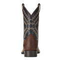 Brown and blue cowboy boot with a geometric pattern on a white background