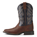 Brown and blue cowboy boot with a geometric pattern on a white background
