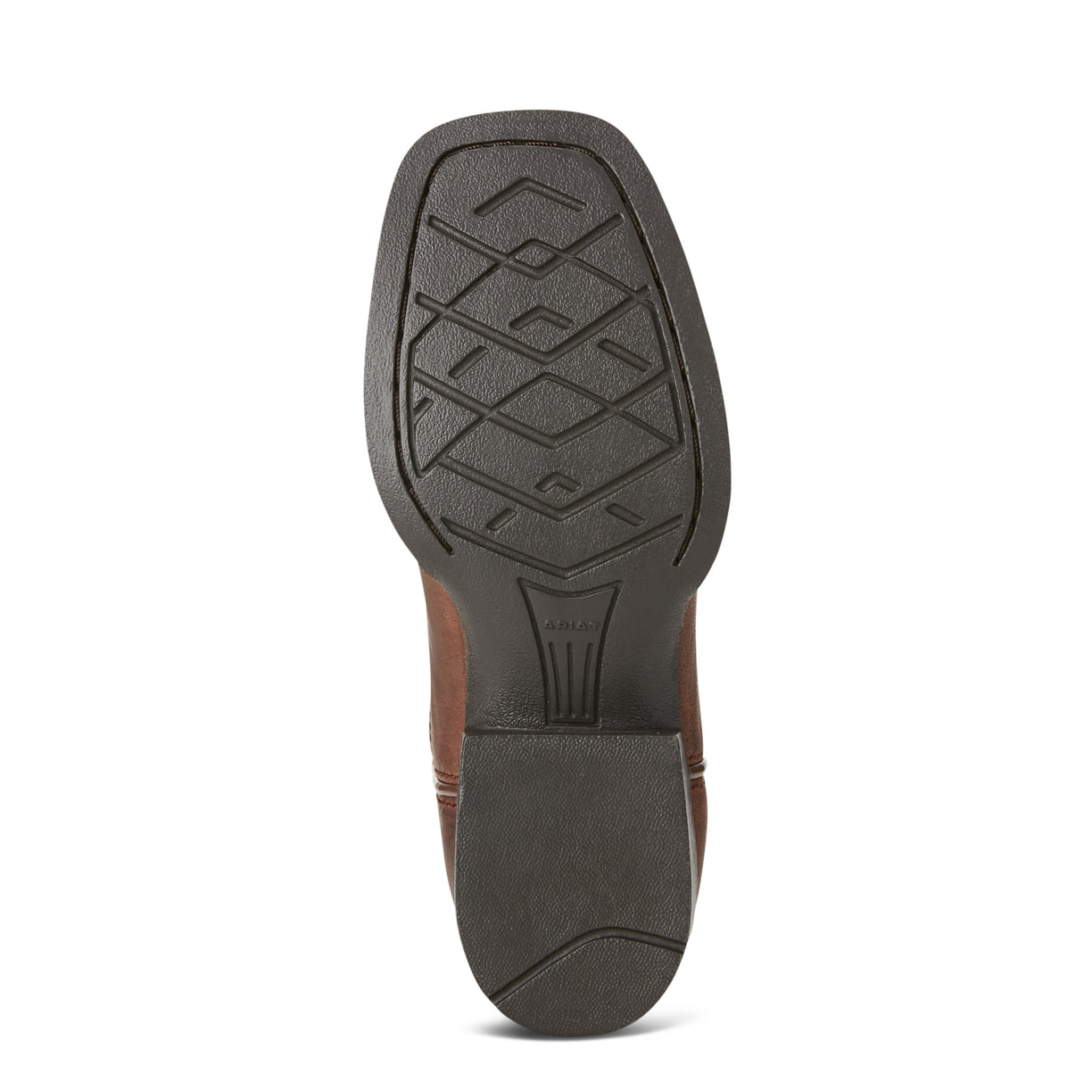 Brown and blue cowboy boot with a geometric pattern on a white background