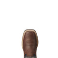 Brown and blue cowboy boot with a geometric pattern on a white background