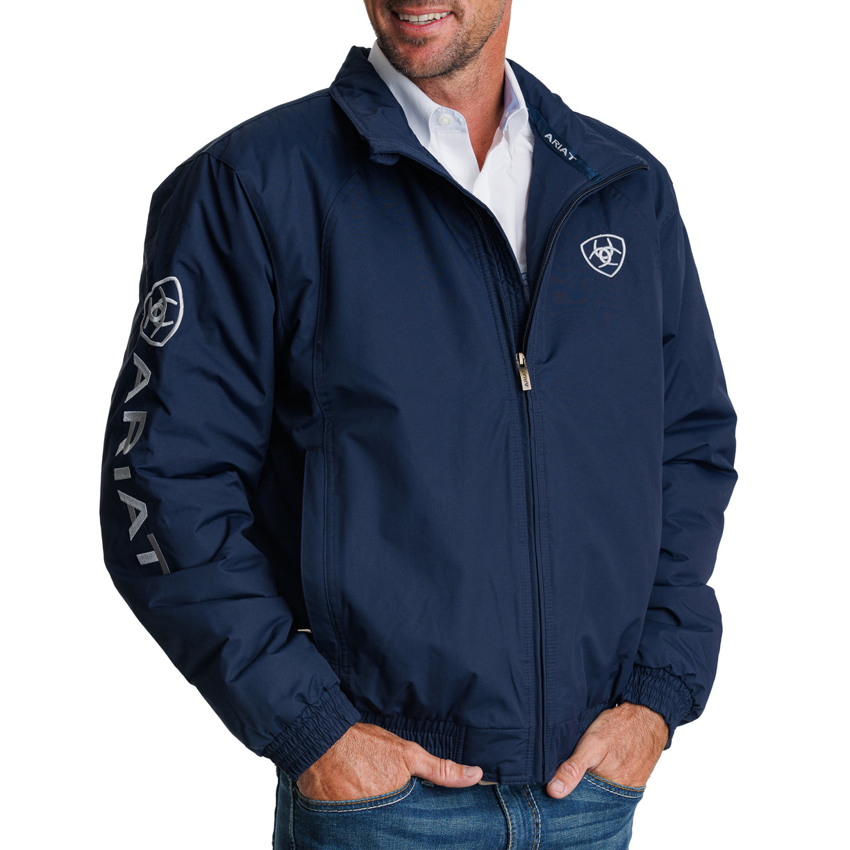Navy jacket with Ariat logo on a white background