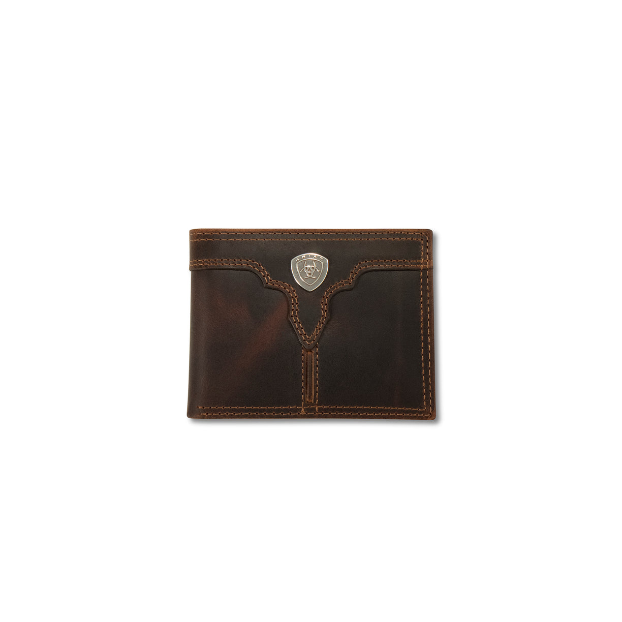 Ariat bifold wallet in distressed brown leather with a silver shield concho