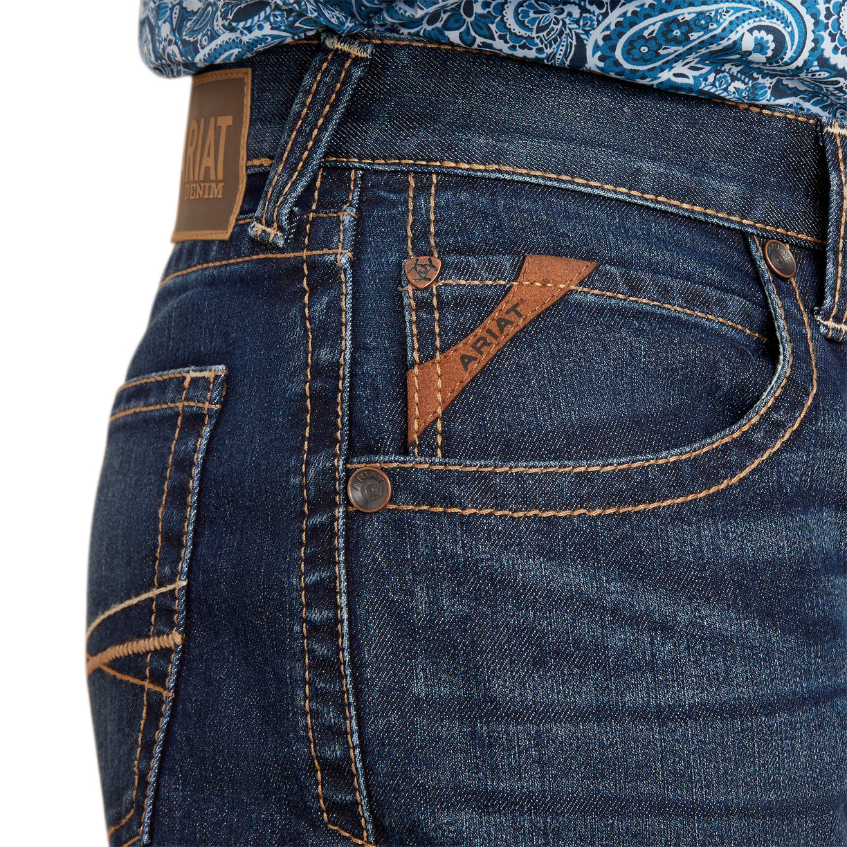 Ariat Men's M5 Straight Dennis Straight Leg Jeans in dark blue denim - Detail