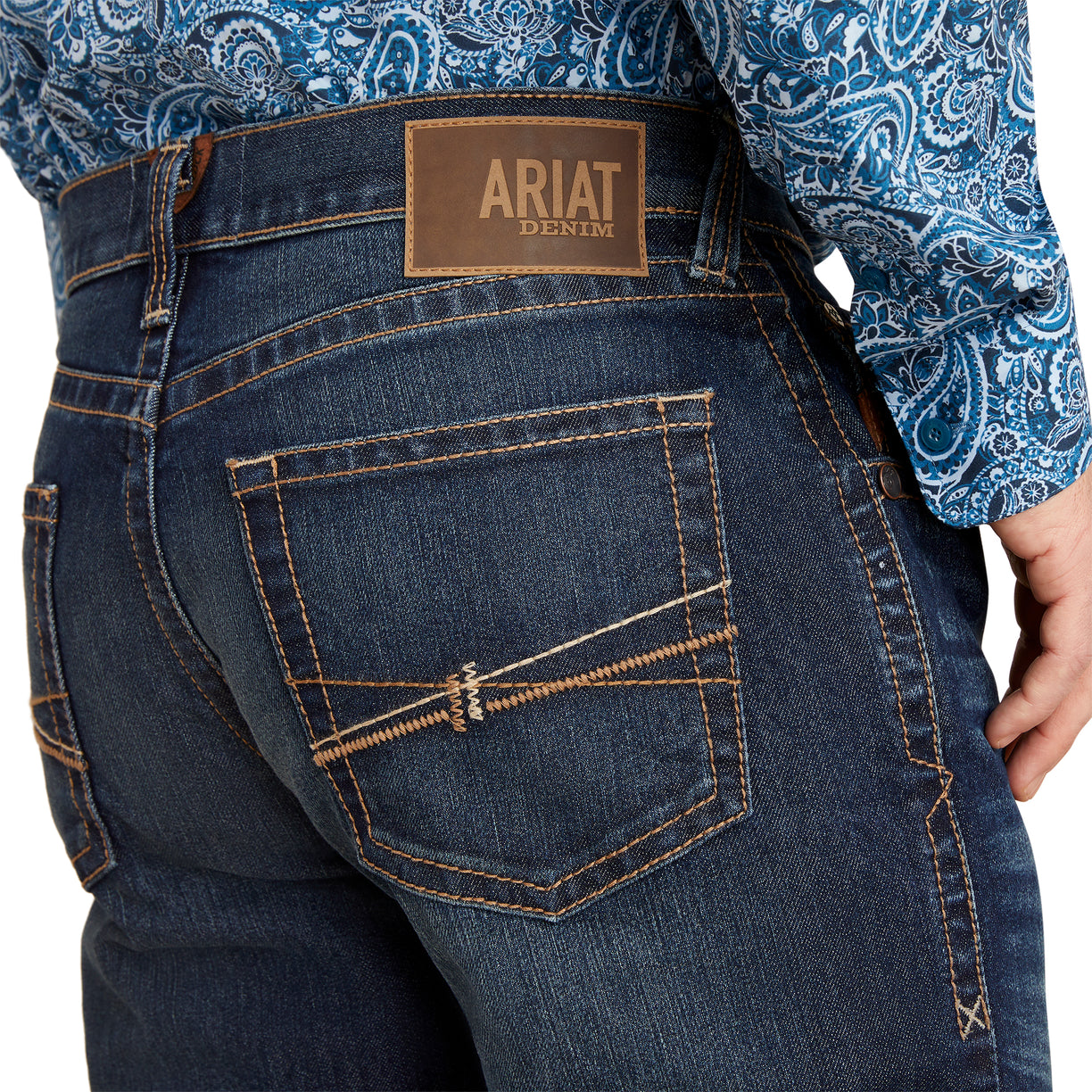Ariat Men's M5 Straight Dennis Straight Leg Jeans in dark blue denim - Detail