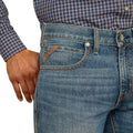 Ariat Men's M5 Straight Stretch Performance Pro Rip Straight Jeans in blue denim - Detail