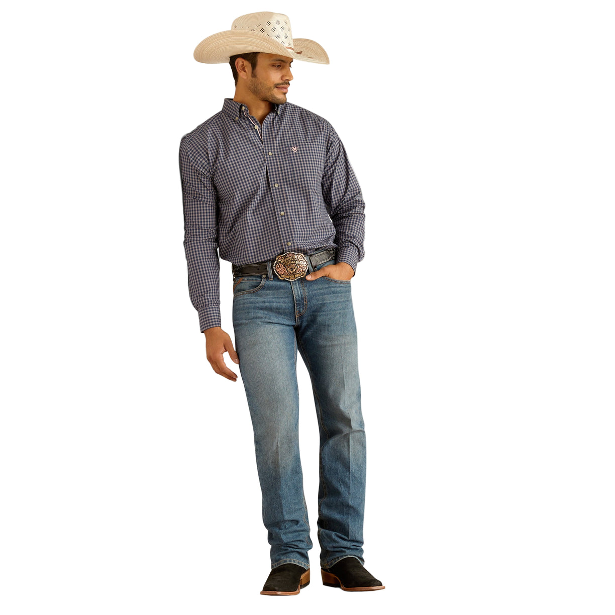 Ariat Men's M5 Straight Stretch Performance Pro Rip Straight Jeans in blue denim - Full