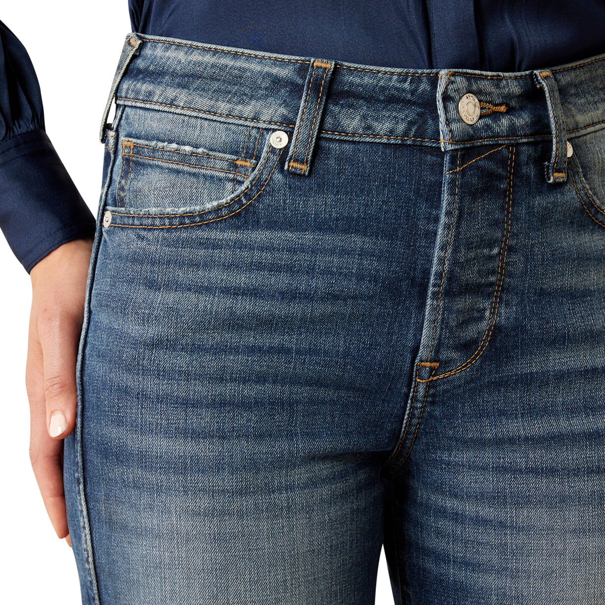 Ariat Women's High Rise Bridle Slim Straight Jeans in blue denim - Detail