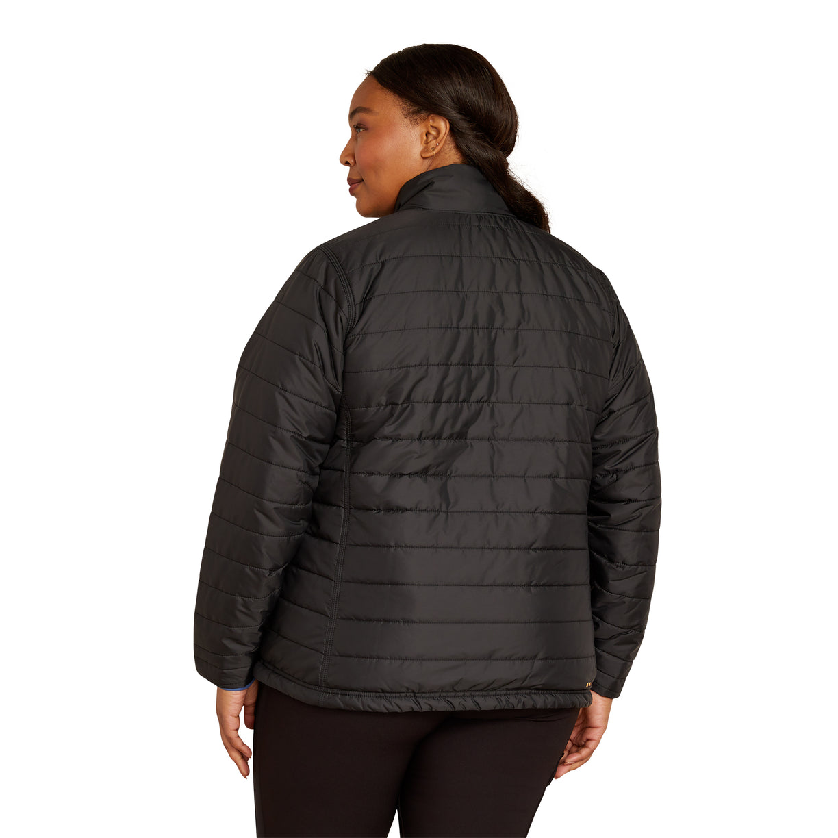 Person wearing a black puffer jacket on a white background