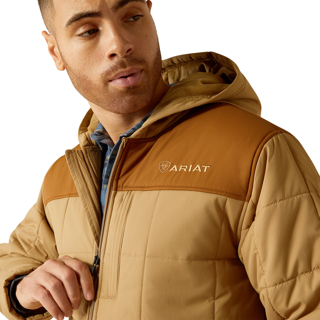 Ariat Men's Crius Hooded Insulated Jacket in Beige & Brown Colour Detail