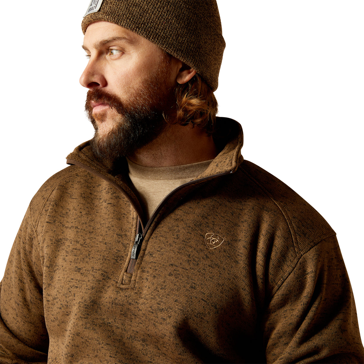 Ariat Men's Caldwell Logo 1/4 Zip Sweater in Dark Brown Heather Detail