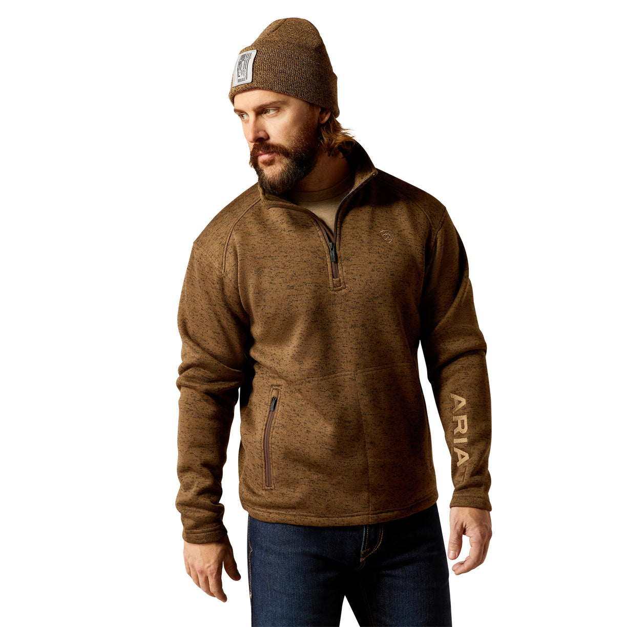Ariat Men's Caldwell Logo 1/4 Zip Sweater in Dark Brown Heather Front