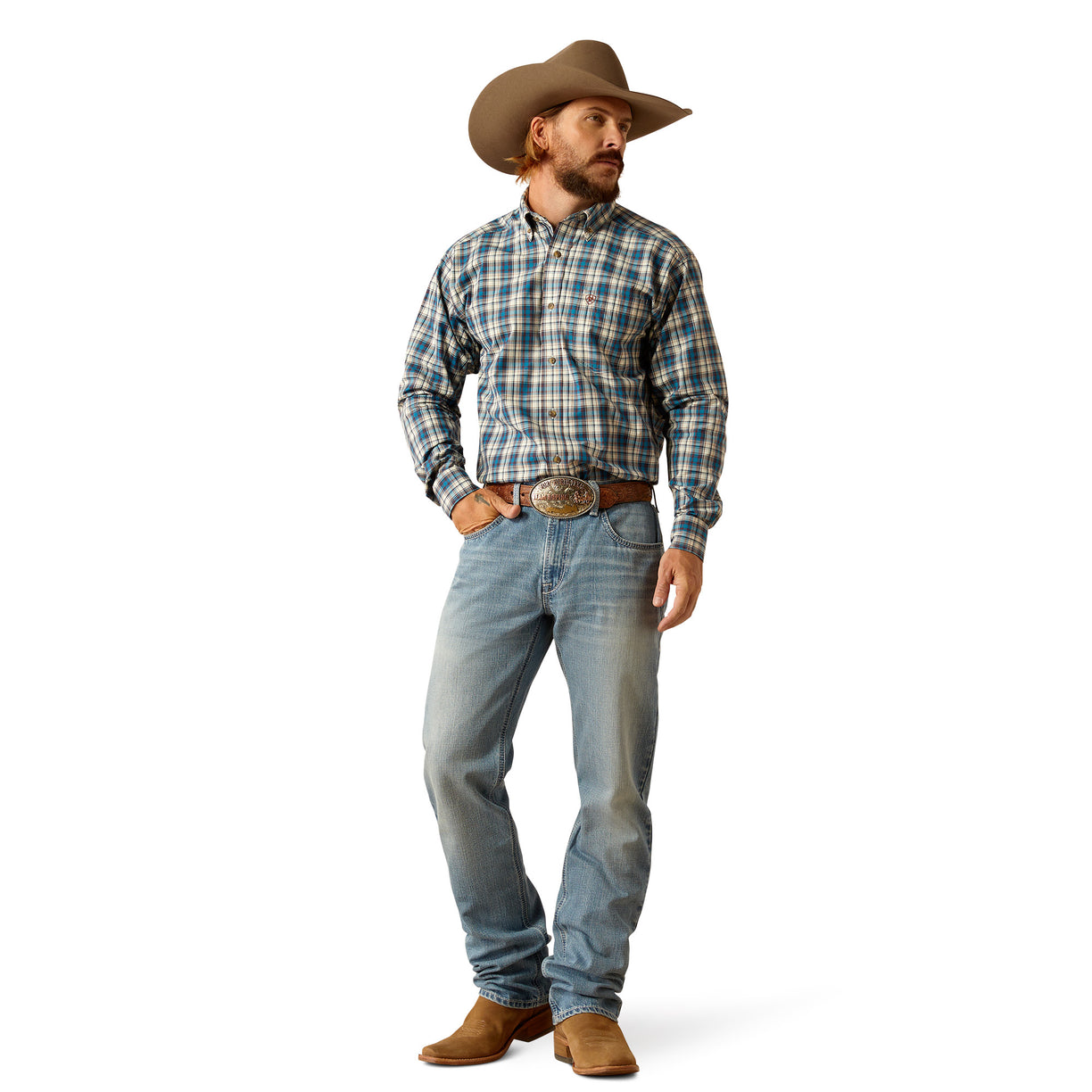 Ariat Men's M1 Vintage Kelvin Straight Leg Jeans in blue denim - Detail