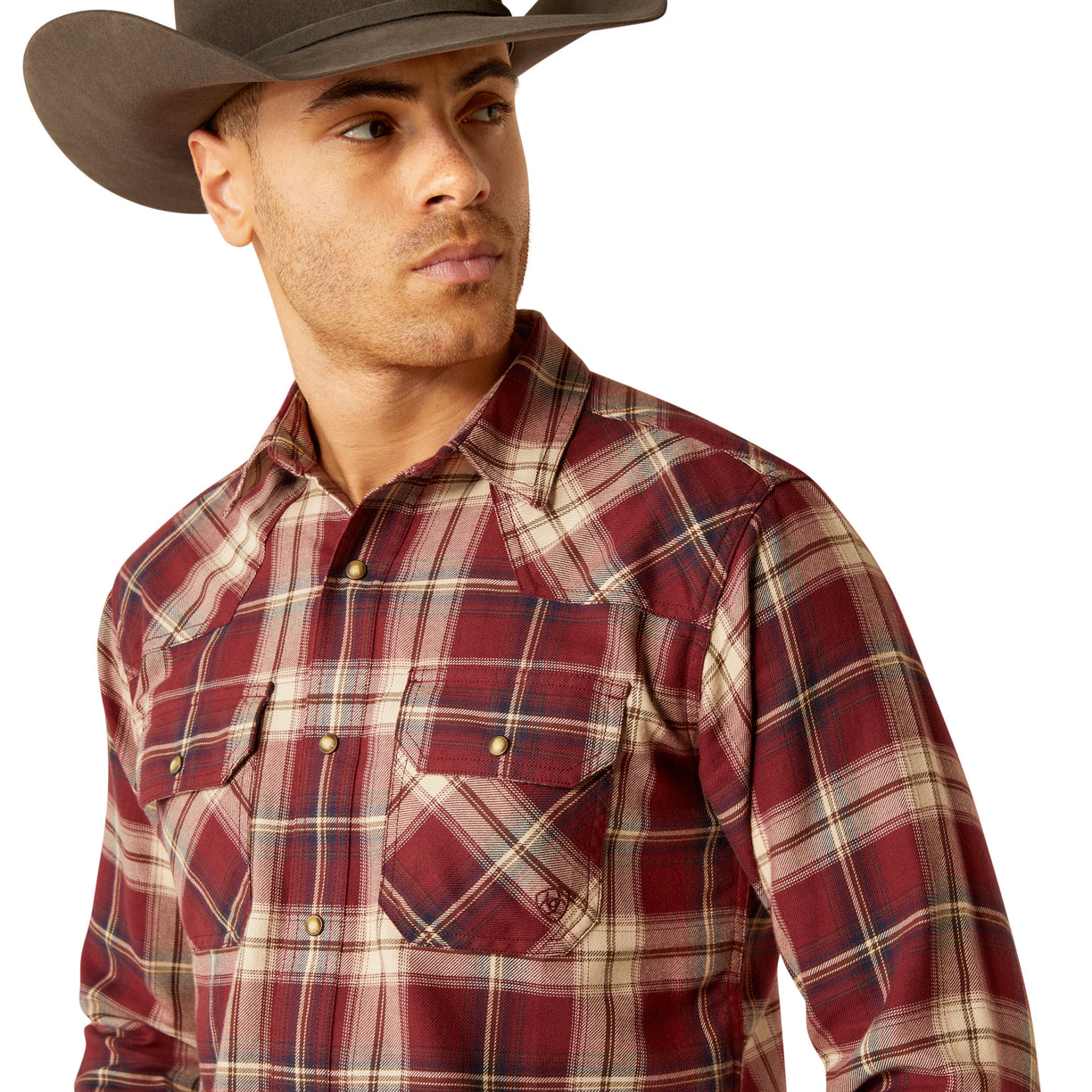 Ariat Men's Harlee Retro Fit Shirt in red and white plaid pattern - Detail