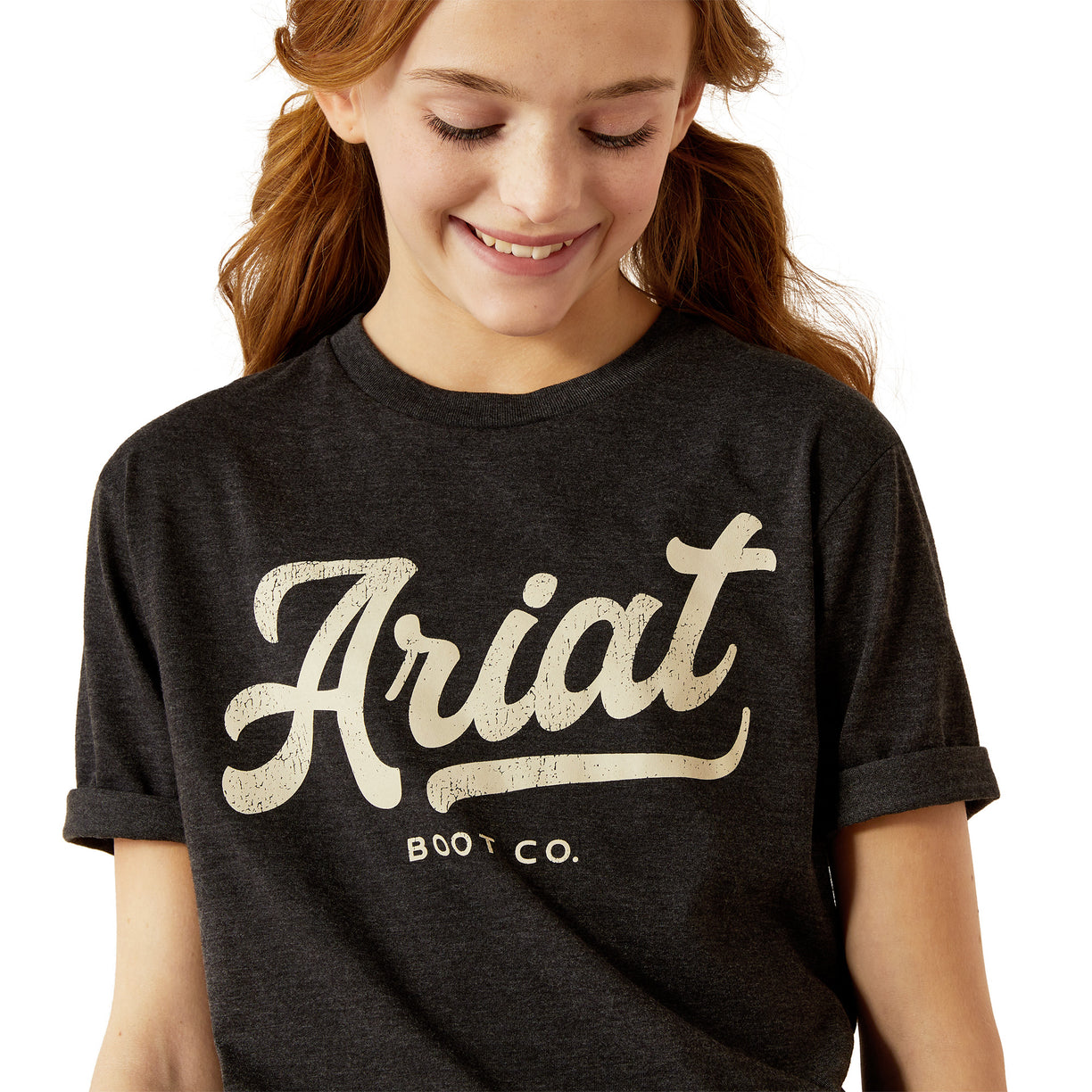 Ariat Kid's Ariat Boot Script T-Shirt in Charcoal Heather Colour Detail
