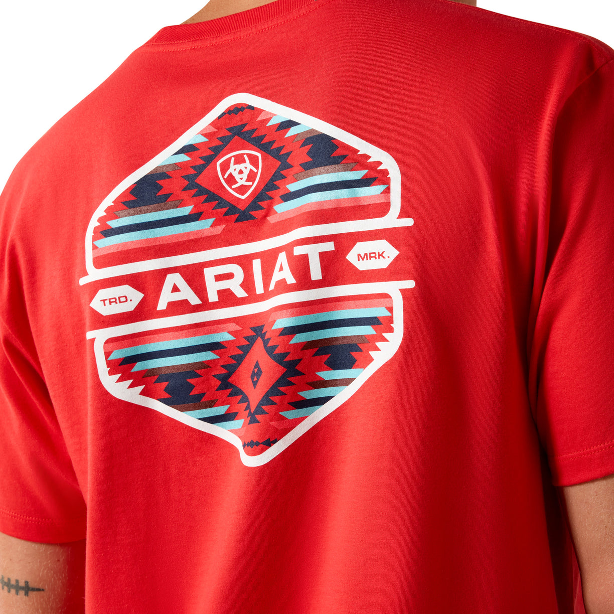 Men's close-up detail red graphic short sleeve t-shirt. 