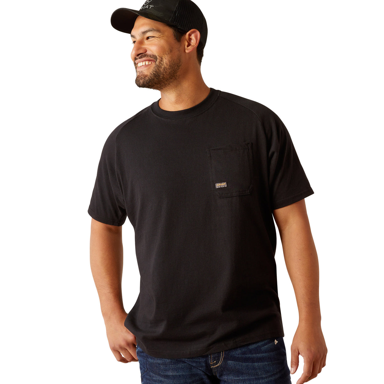 Black t-shirt with 'Ariat Workhogs' graphic on the back, worn by a person.