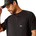 Black t-shirt with 'Ariat Workhogs' graphic on the back, worn by a person.