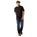 Black t-shirt with 'Ariat Workhogs' graphic on the back, worn by a person.