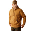 Man wearing a brown hoodie with Ariat Work branding and cap on a white background