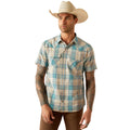 Man wearing a plaid shirt and cowboy hat on a white background
