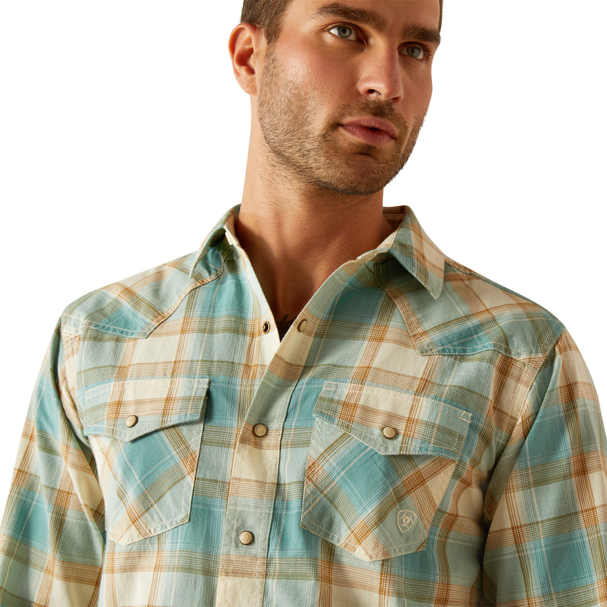 Man wearing a plaid shirt on a white background