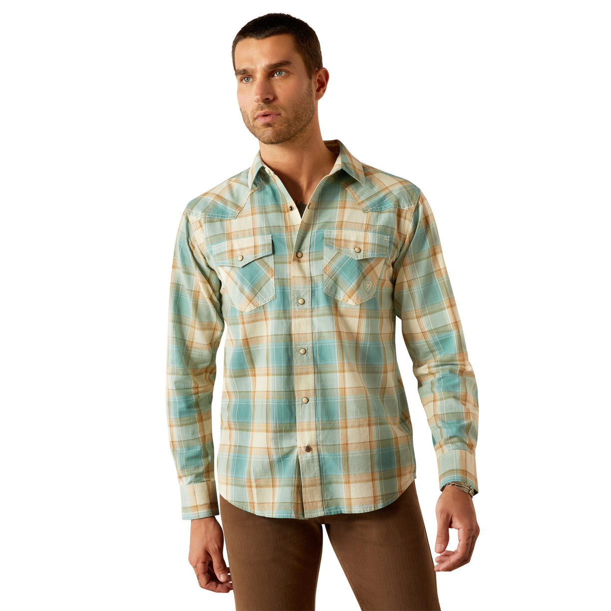 Man wearing a plaid shirt on a white background
