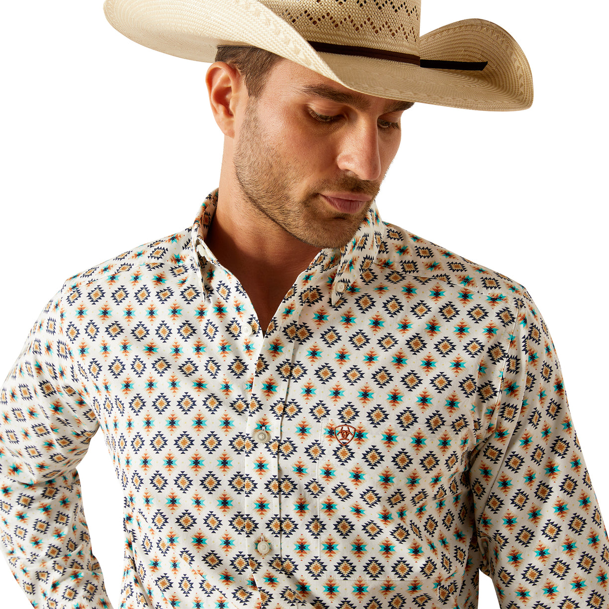 Ariat Men's Judas Fitted Shirt in white & brown pattern - Detail