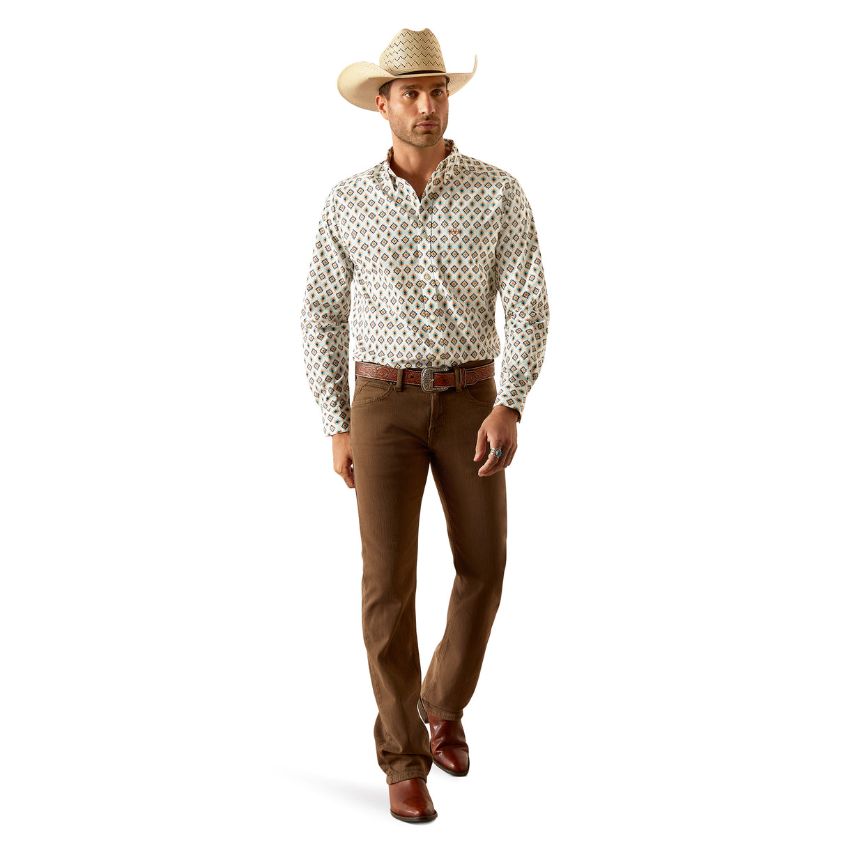 Ariat Men's Judas Fitted Shirt in white & brown pattern - Full