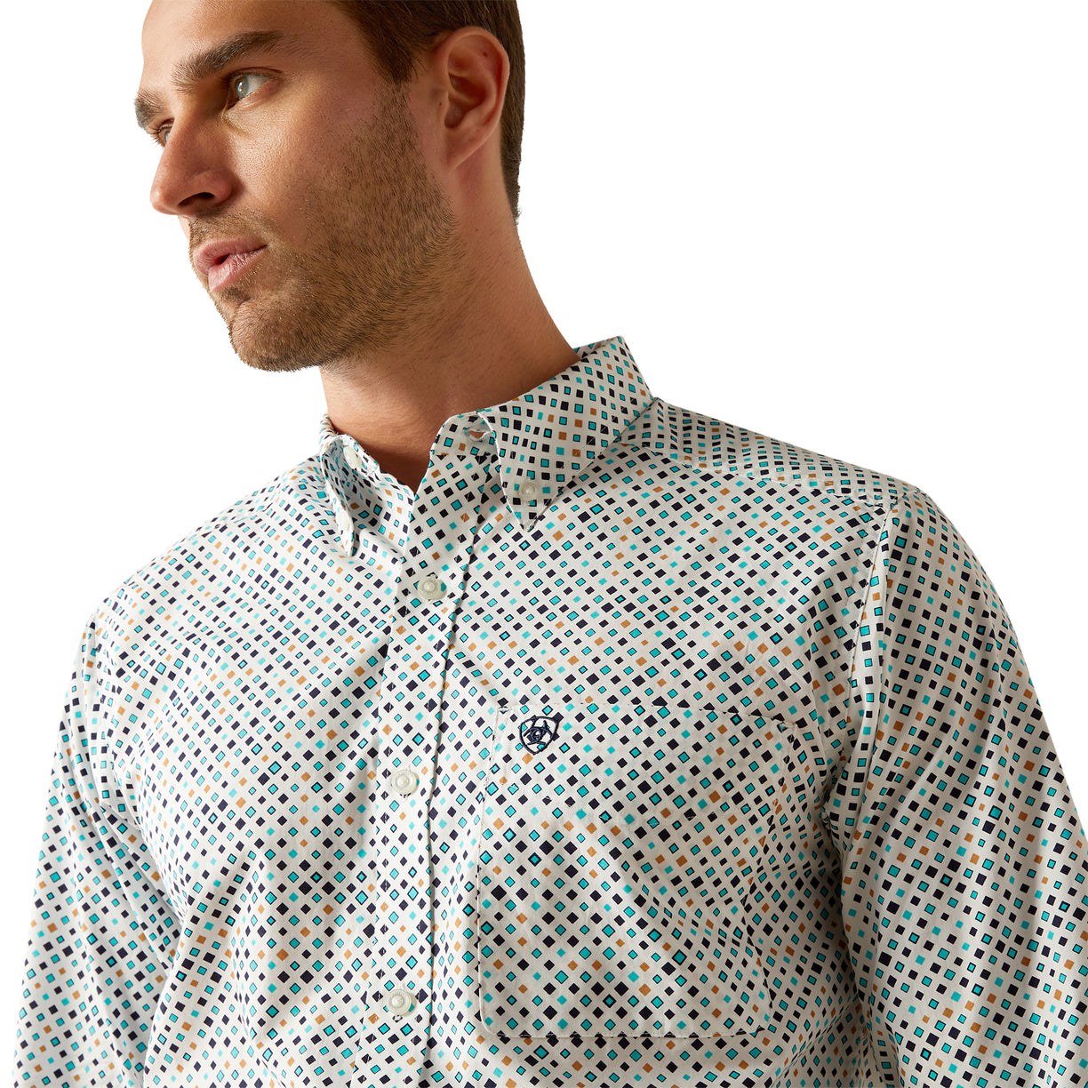 Ariat Men's Jansen Fitted Shirt in white & blue pattern - Detail