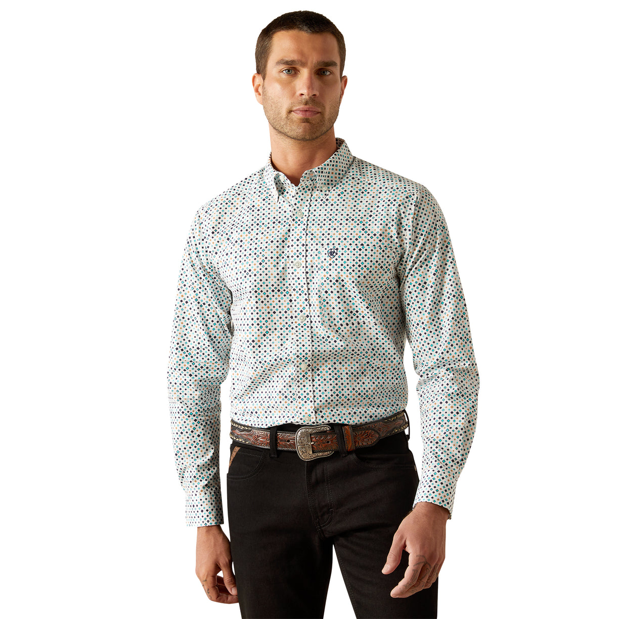 Ariat Men's Jansen Fitted Shirt in white & blue pattern - Front