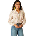 Woman wearing a patterned shirt, jeans, and a cowboy hat on a white background