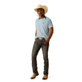 Man wearing a light blue t-shirt, dark jeans, and a straw hat on a white background