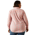 Person wearing a pink plaid shirt on a white background