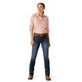 Person wearing a pink plaid shirt on a white background