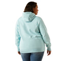 Person wearing a light blue hoodie with 'Ariat' branding on a white background